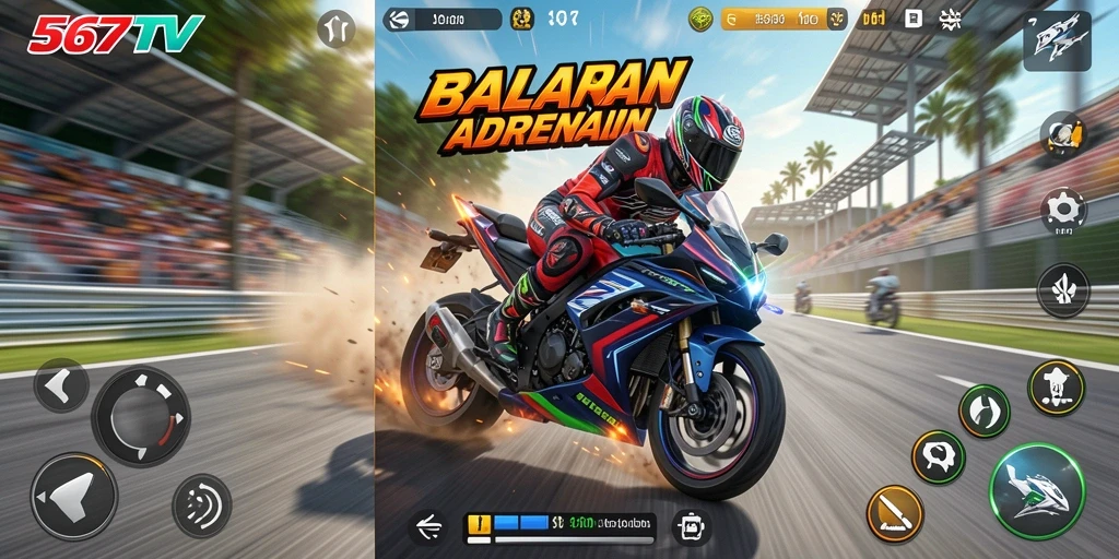 Tampilan gameplay seru dalam balapan motor 567TV.