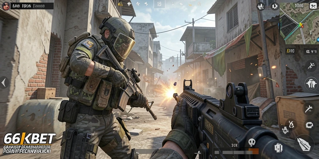 Screenshot gameplay 66KBET menampilkan aksi tembak-menembak yang intens.