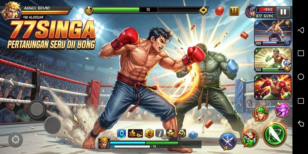 Tampilan gameplay petarungan seru dalam 77SINGA dengan aksi karakter yang dinamis.