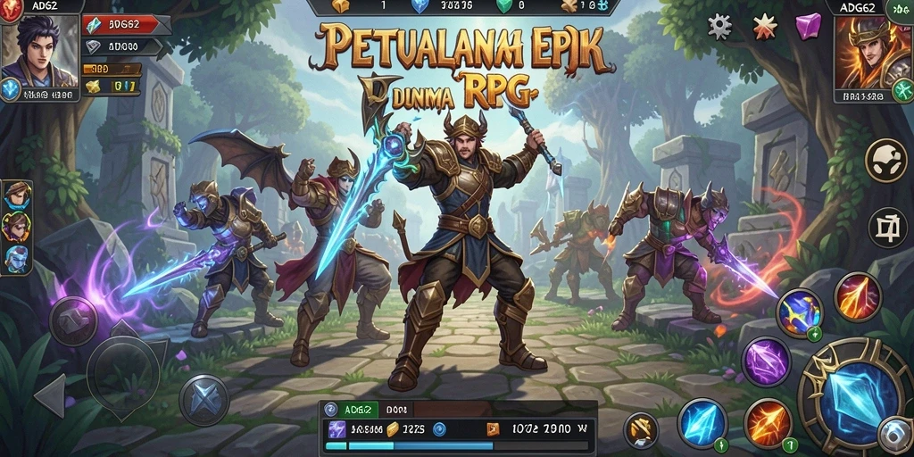 Screenshot utama <strong>ADG62</strong> menampilkan pertarungan seru antara pahlawan dan monster.