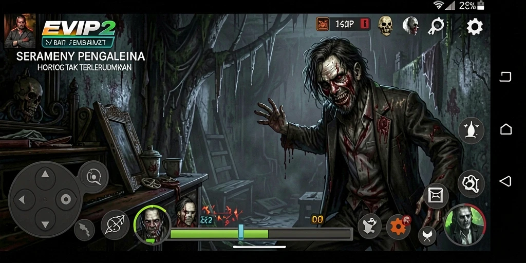Screenshot gameplay EVIP2 yang menegangkan dengan suasana horor yang mencekam.