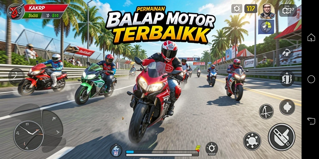 Gameplay KAKRP dengan aksi balap motor yang seru dan mendebarkan.