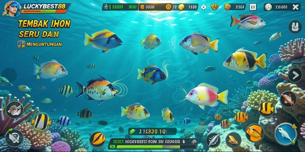 Gameplay seru LUCKYBEST88 di layar, menembak ikan dengan berbagai senjata.