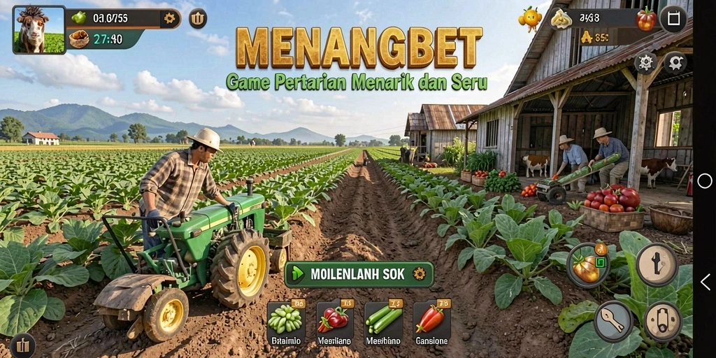 Gameplay MENANGBET menampilkan ladang yang subur dan hewan peliharaan yang lucu.