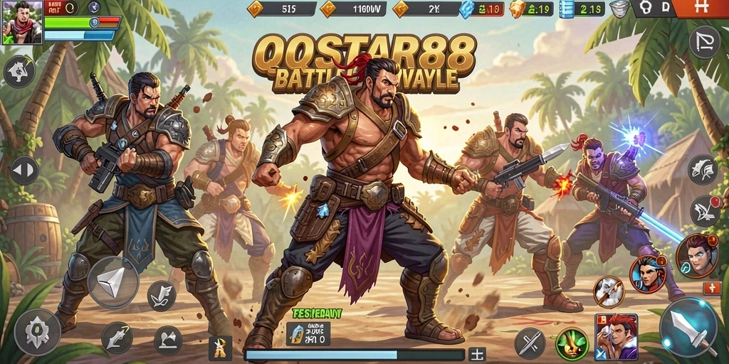 Screenshot gameplay QQSTAR88 yang menunjukkan pertarungan di arena Battle Royale.
