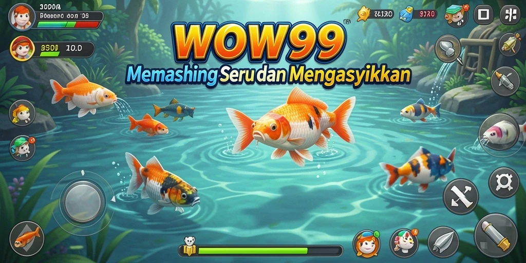 Tampilan gameplay WOW99 dengan nelayan menangkap ikan di laut.